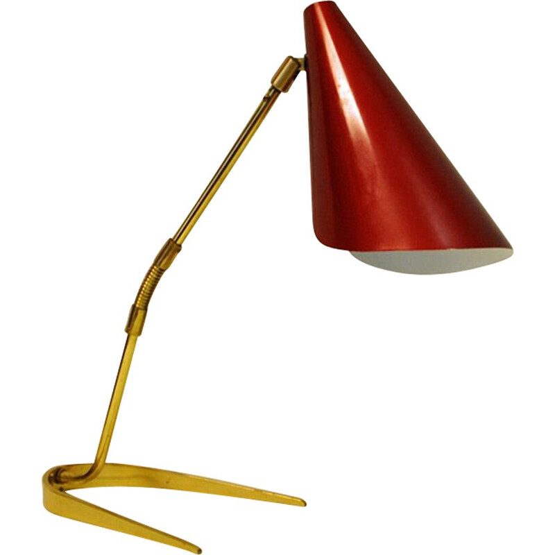 Vintage Scandinavian red table lamp in brass and metal  from the 50s