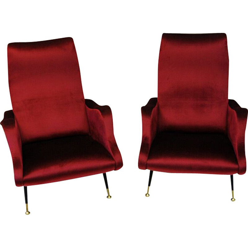 2 vintage Italien Red Velvet armchairs,from the 60s