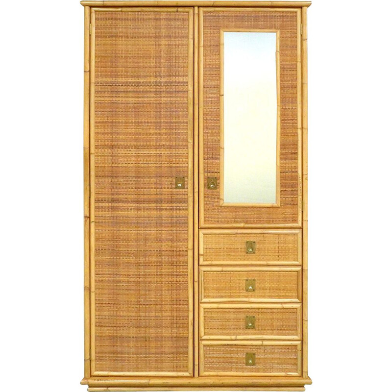 Vintage cabinet with brass details and mirror, 1970