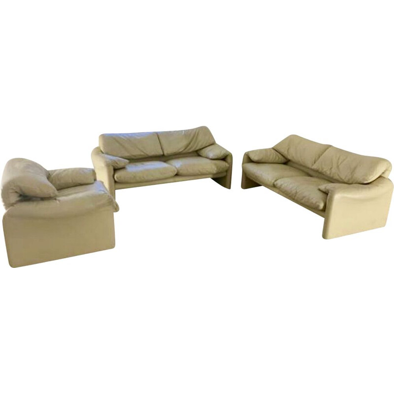 Vintage living room set 3-piece Maralunga Leather by Vico Magistretti for Cassina, Italy