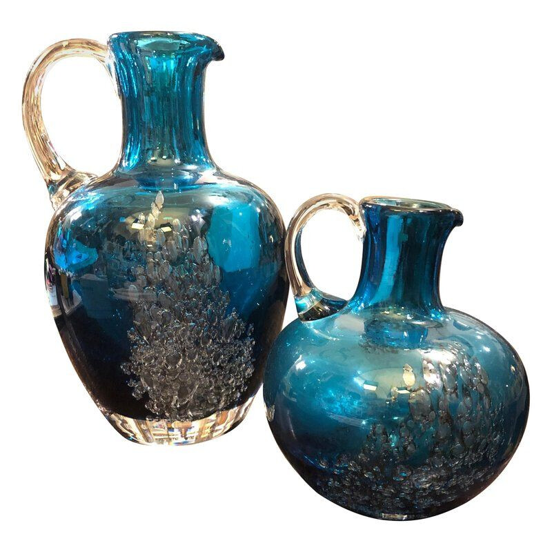 Set of Two Vintage Jugs in Blue Glass by Mdina Glass, circa 1980