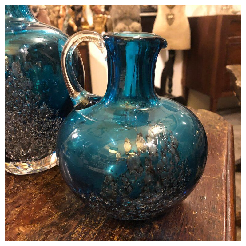 Set of Two Vintage Jugs in Blue Glass by Mdina Glass, circa 1980