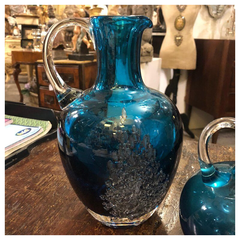 Set of Two Vintage Jugs in Blue Glass by Mdina Glass, circa 1980