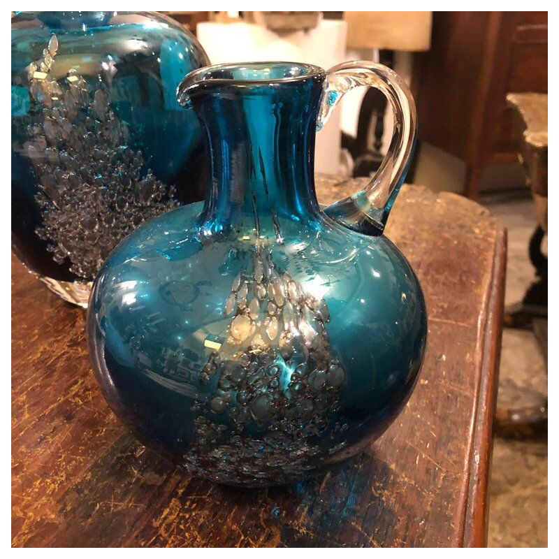 Set of Two Vintage Jugs in Blue Glass by Mdina Glass, circa 1980