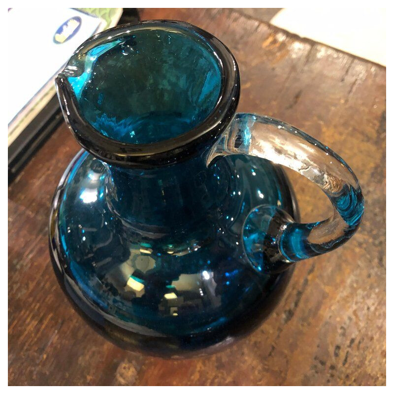 Set of Two Vintage Jugs in Blue Glass by Mdina Glass, circa 1980