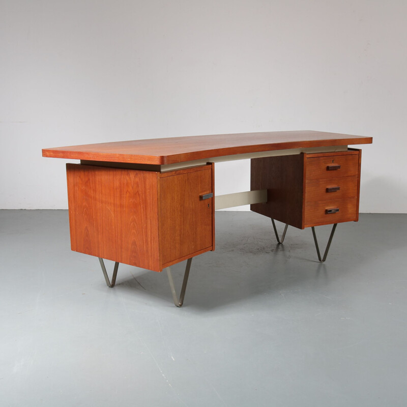 Vintage dutch desk for Pastoe in teak and metal 1950