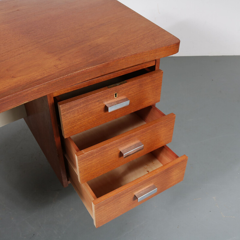 Vintage dutch desk for Pastoe in teak and metal 1950