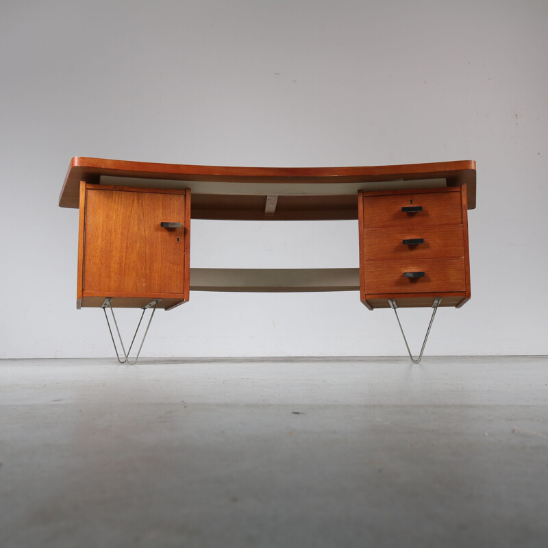 Vintage dutch desk for Pastoe in teak and metal 1950