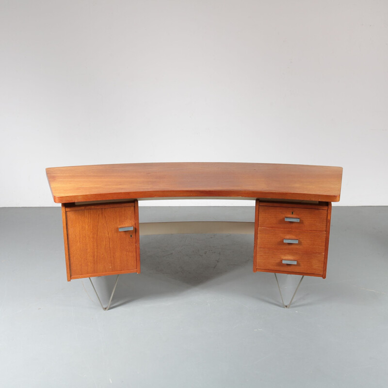 Vintage dutch desk for Pastoe in teak and metal 1950