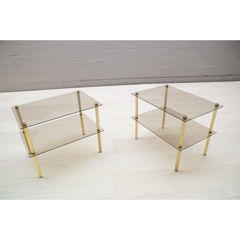 Pair of vintage side tables in smoked glass and brass, German 1970