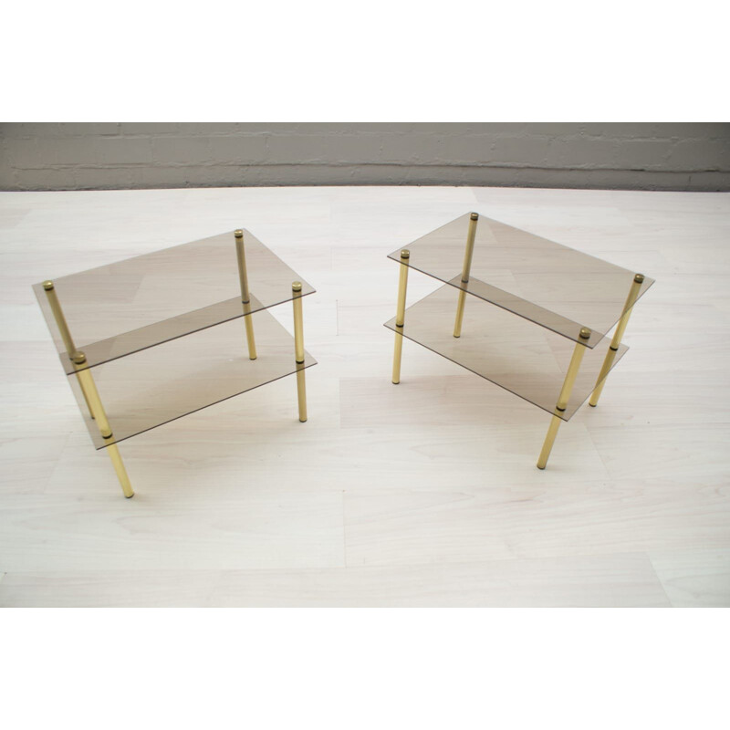 Pair of vintage side tables in smoked glass and brass, German 1970