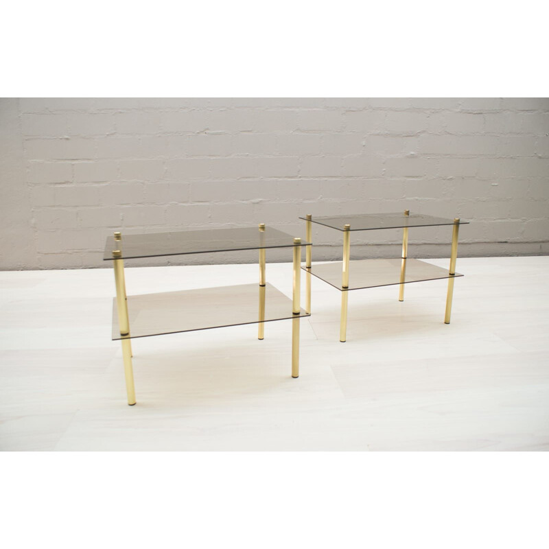 Set of 2 vintage german side tables in smoked glass and brass 1970