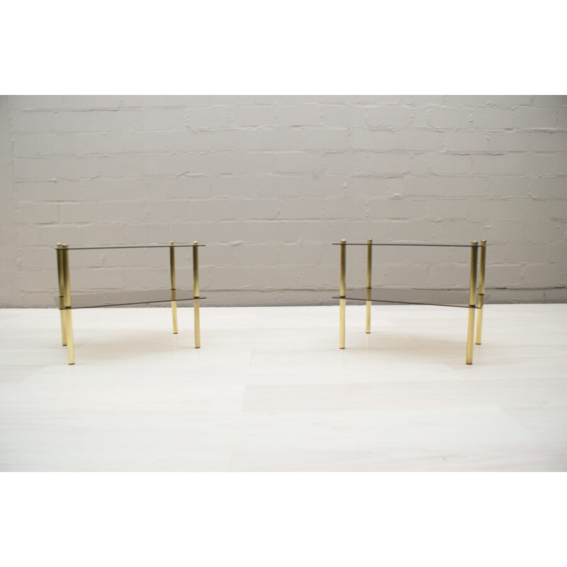 Pair of vintage side tables in smoked glass and brass, German 1970