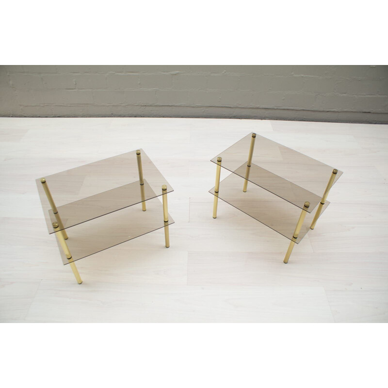 Pair of vintage side tables in smoked glass and brass, German 1970