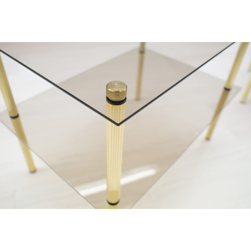 Pair of vintage side tables in smoked glass and brass, German 1970