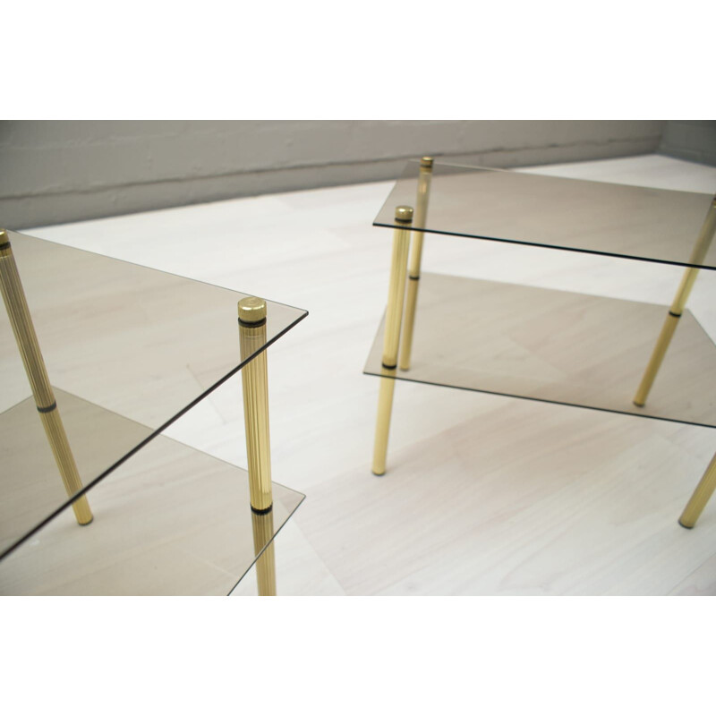 Pair of vintage side tables in smoked glass and brass, German 1970