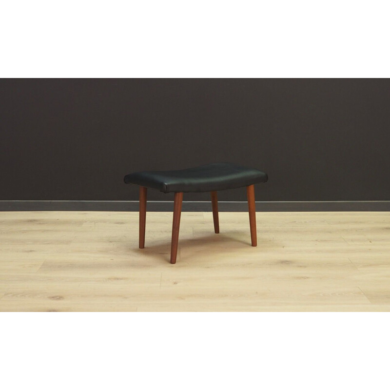 Vintage danish footrest in black leatherette and wood 1960