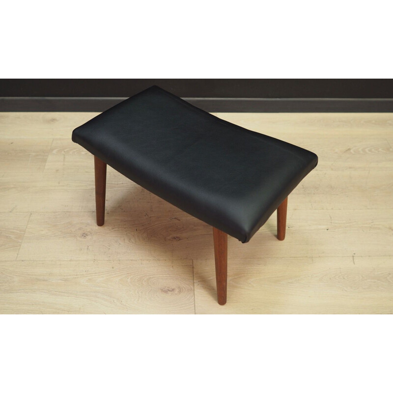 Vintage danish footrest in black leatherette and wood 1960