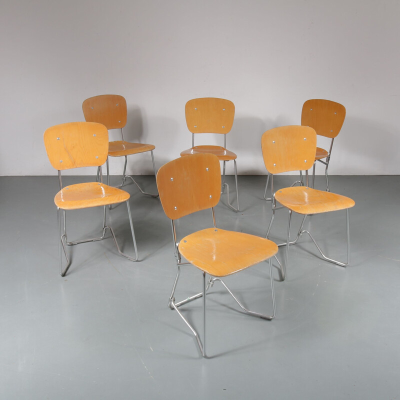 Ensemble de 6 chaises vintage Aluflex par Zollinger Sohre en bois et métal 1950