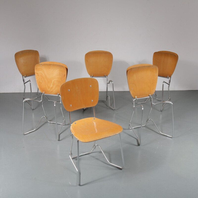 Set of 6 vintage Aluflex chairs by Zollinger Sohre in wood and metal 1950