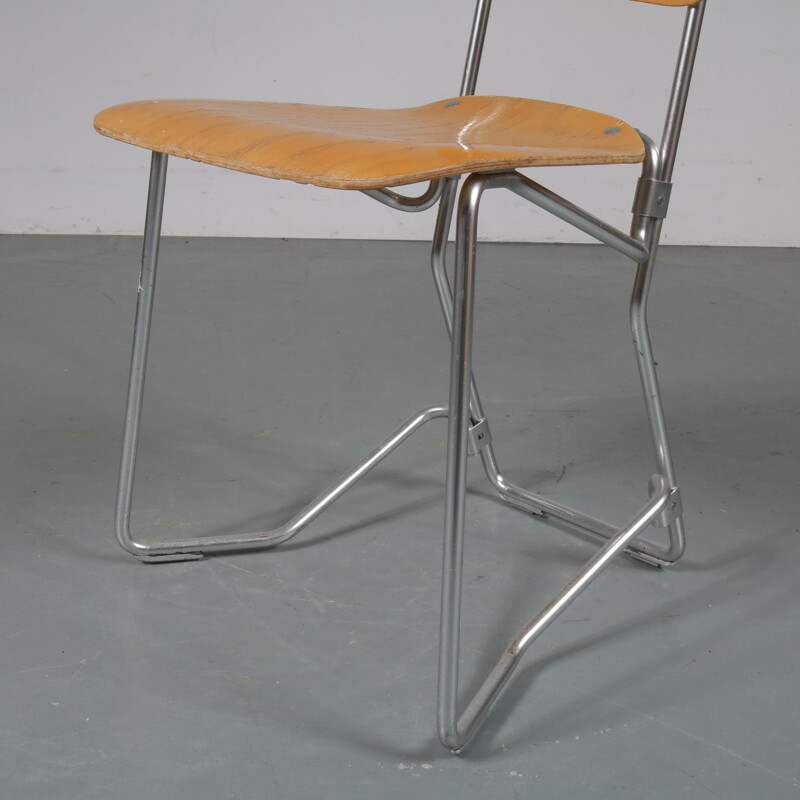 Ensemble de 6 chaises vintage Aluflex par Zollinger Sohre en bois et métal 1950