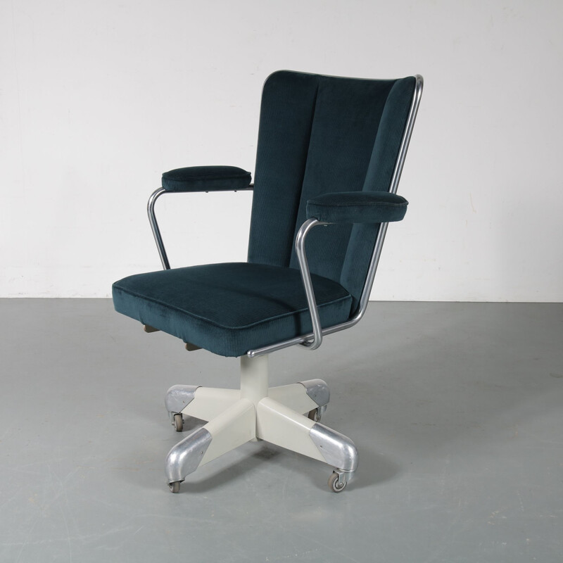 Vintage desk chair by Gispen in blue fabric and metal 1950s