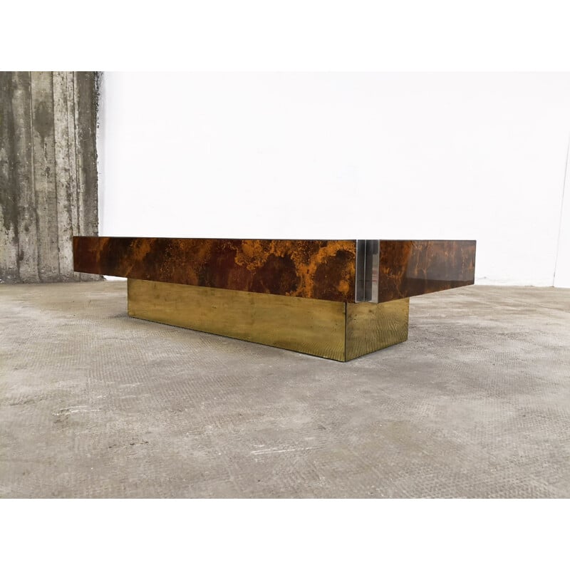 Table basse vintage en bois et laiton