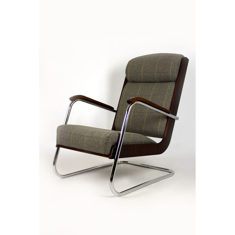 Vintage armchair in checkered grey fabric wood and steel 1940