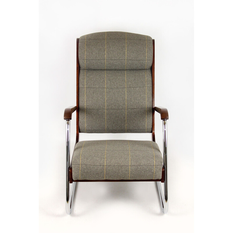 Vintage armchair in checkered grey fabric wood and steel 1940
