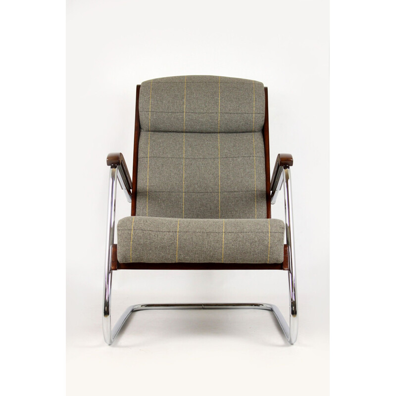 Fauteuil vintage en tissu damier gris bois et acier 1940