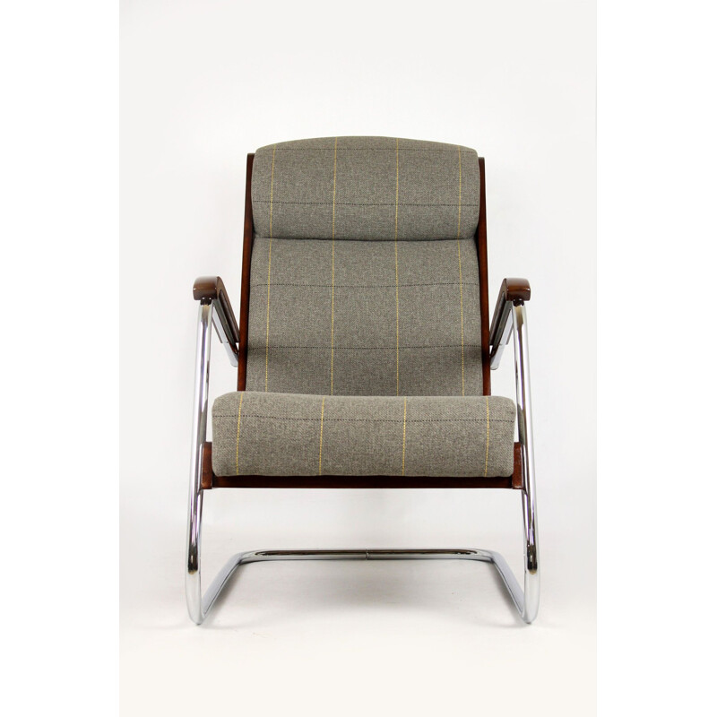 Vintage armchair in checkered grey fabric wood and steel 1940