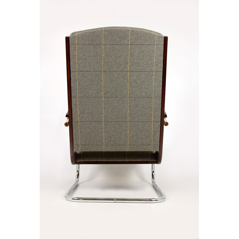 Fauteuil vintage en tissu damier gris bois et acier 1940