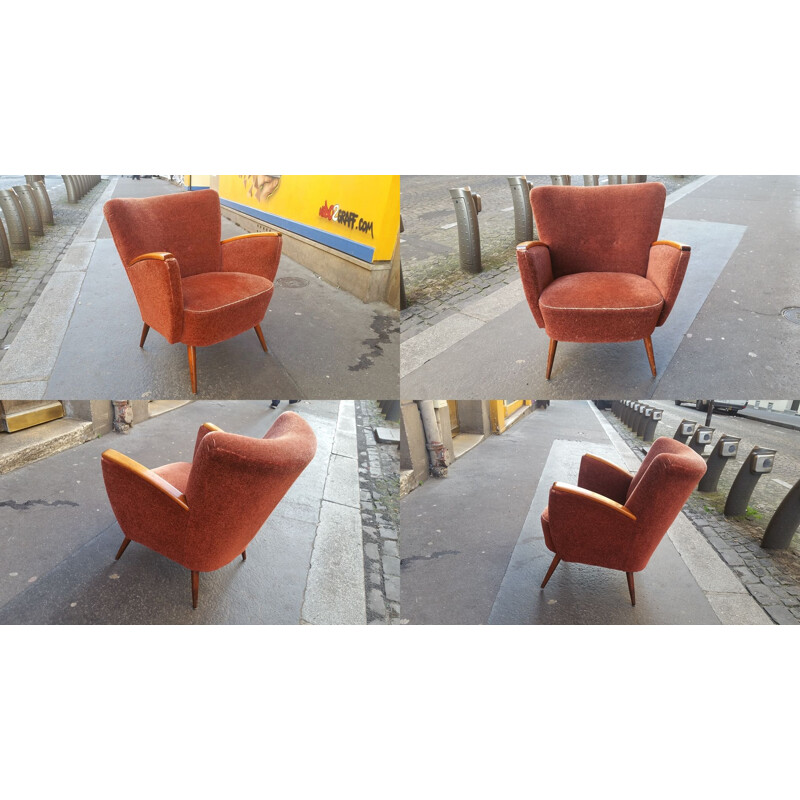 Vintage Duitse fauteuil in rood fluweel en hout 1950