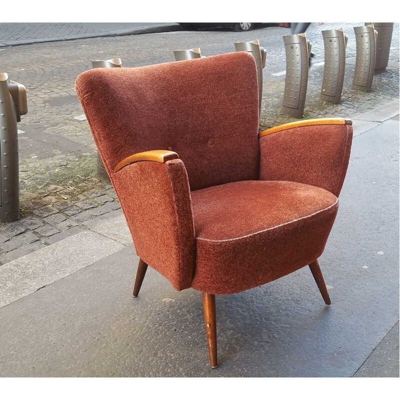 Vintage german armchair in red velvet and wood 1950