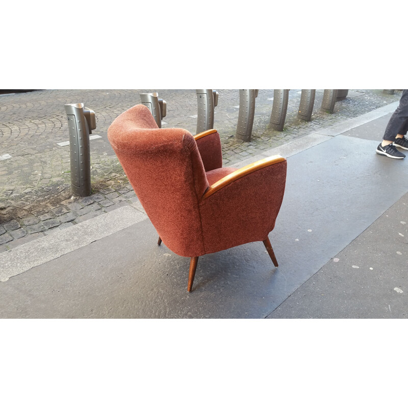 Vintage Duitse fauteuil in rood fluweel en hout 1950