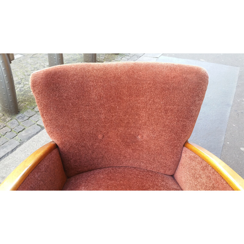 Vintage Duitse fauteuil in rood fluweel en hout 1950
