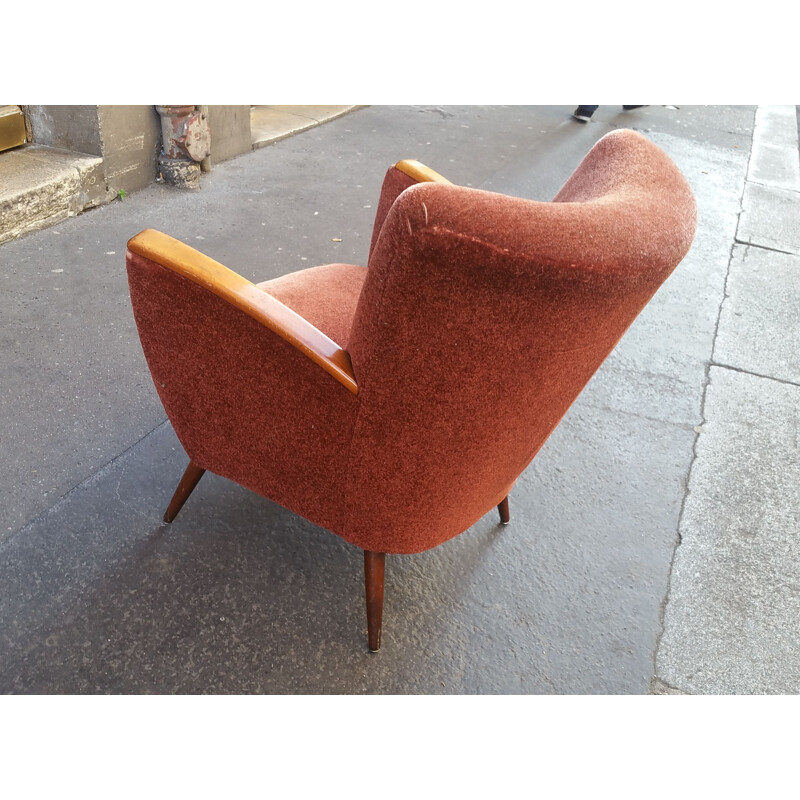 Vintage Duitse fauteuil in rood fluweel en hout 1950