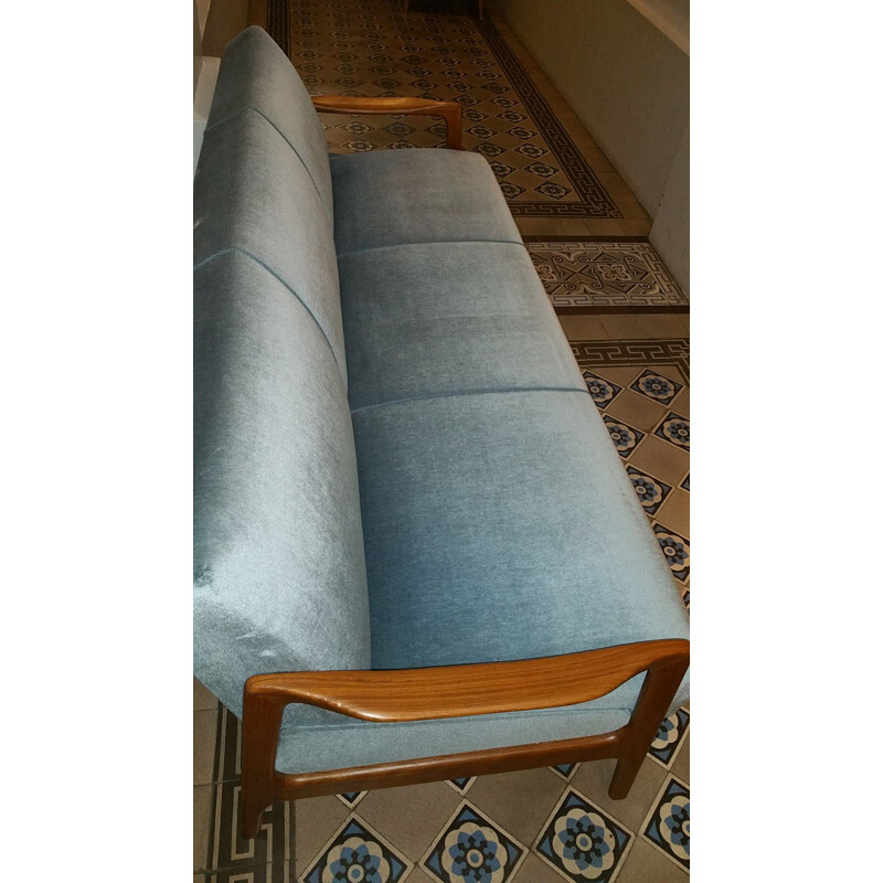 Canapé-lit vintage en teck et velours bleu
