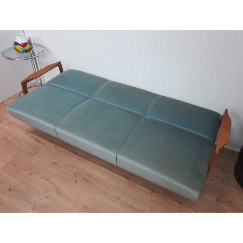 Sofá cama vintage de teca y terciopelo azul