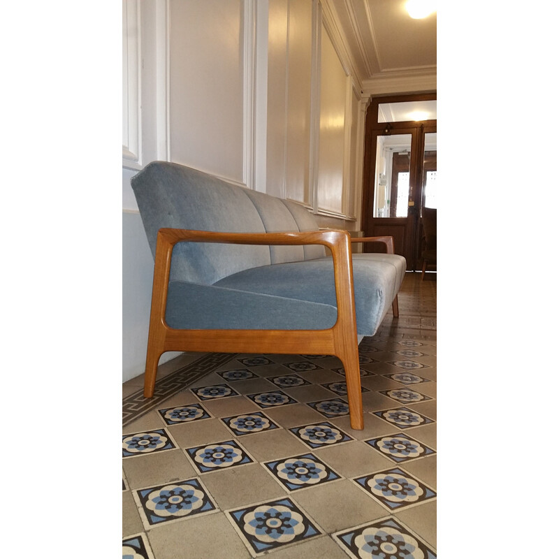 Sofá cama vintage de teca y terciopelo azul