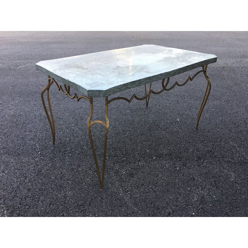 Vintage coffee table in gilded metal and marble by René Prou