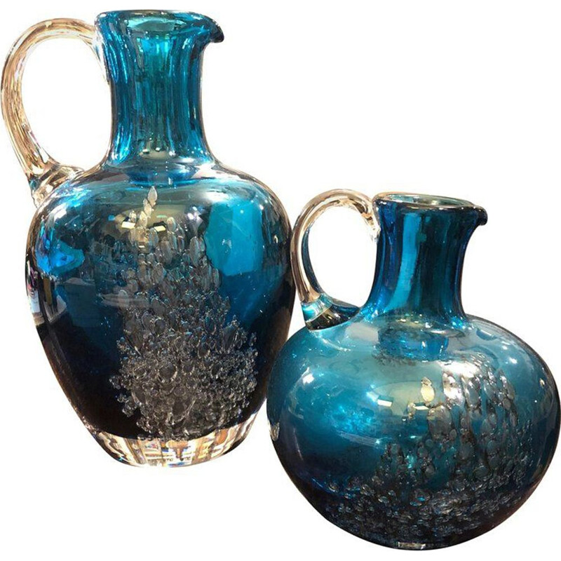 Set of Two Vintage Jugs in Blue Glass by Mdina Glass, circa 1980
