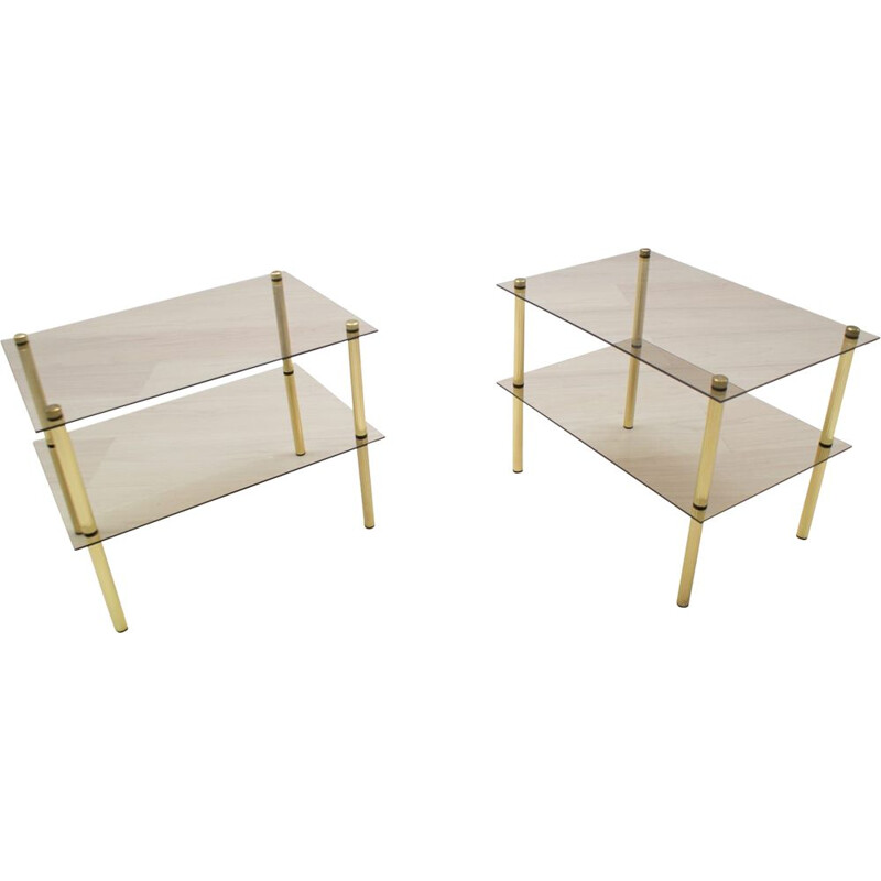 Pair of vintage side tables in smoked glass and brass, German 1970