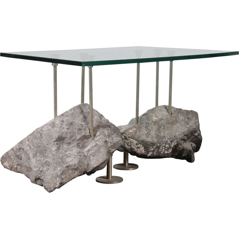 Vintage coffee table with rock base in glass and metal 1980s