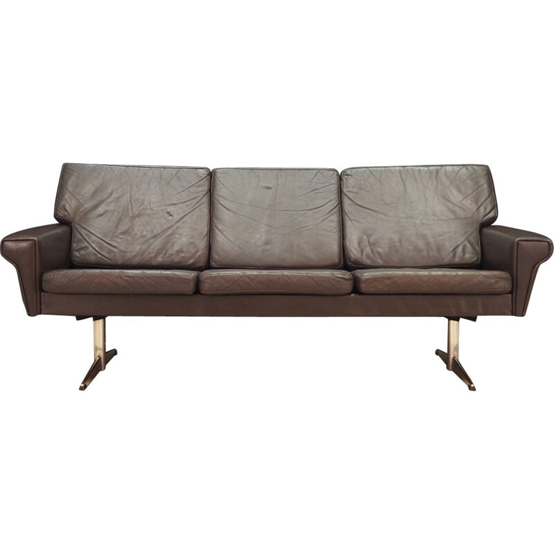 Vintage danish sofa in brown leather and chrome 1970