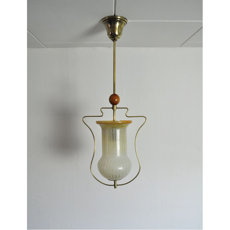 Vintage scandinavian pendant lamp in glass and brass 1930