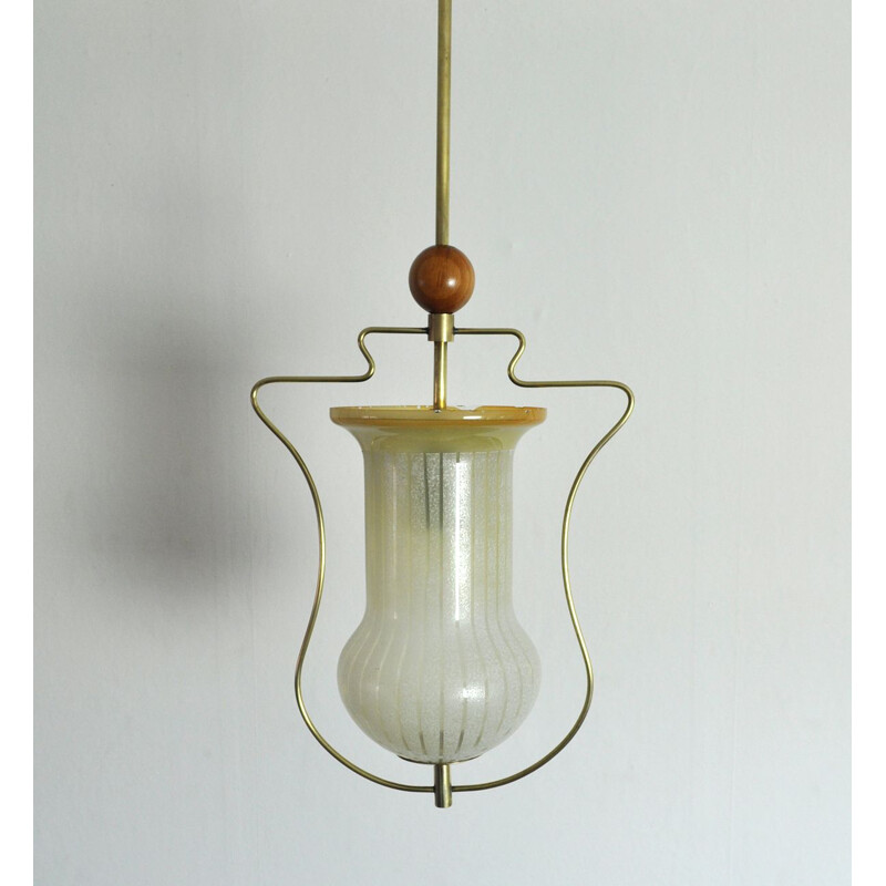 Vintage scandinavian pendant lamp in glass and brass 1930