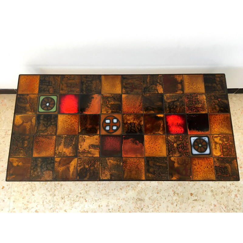 French vintage coffee table in orange ceramic and metal 1960