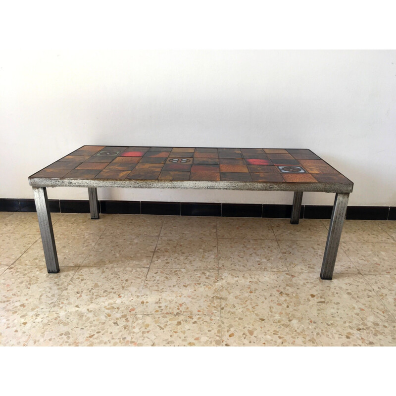 French vintage coffee table in orange ceramic and metal 1960
