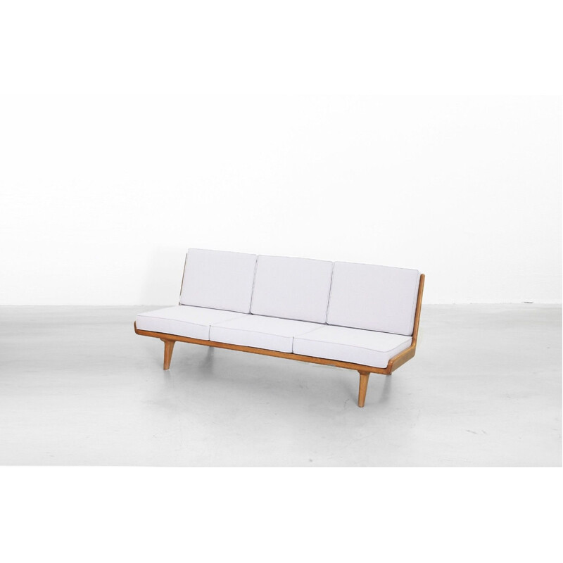 Vintage scandinavian sofa in oakwood and white fabric 1950